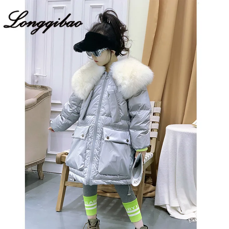 

Girls Big Fur Collar Cotton Clothes Winter New Korean Version of Loose Bright Leather Long Section Casual Thick Coat Tide Boy