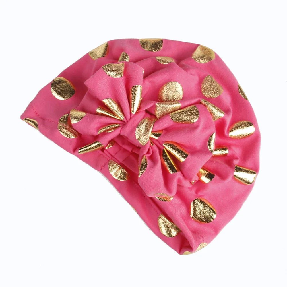 

Summer Hats Elastic Newborn Outfit Photography Tools Sweet Gold Dot Baby Girls Hats With Bow Candy Color Baby Turban Caps