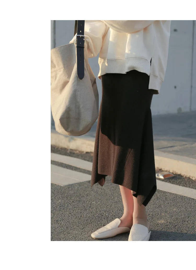 Вязаные Асимметричные женские юбки из 36% шерсти, корейская мода, Faldas Mujer Moda, новая юбка с высокой талией, юбки средней длины для женщин