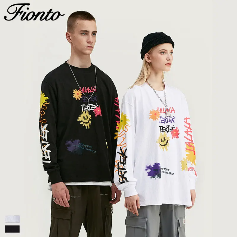 Fionto Мужская осень и зима новая уличная персональная граффити Печать Повседневная мужская футболка с длинным рукавом мужская