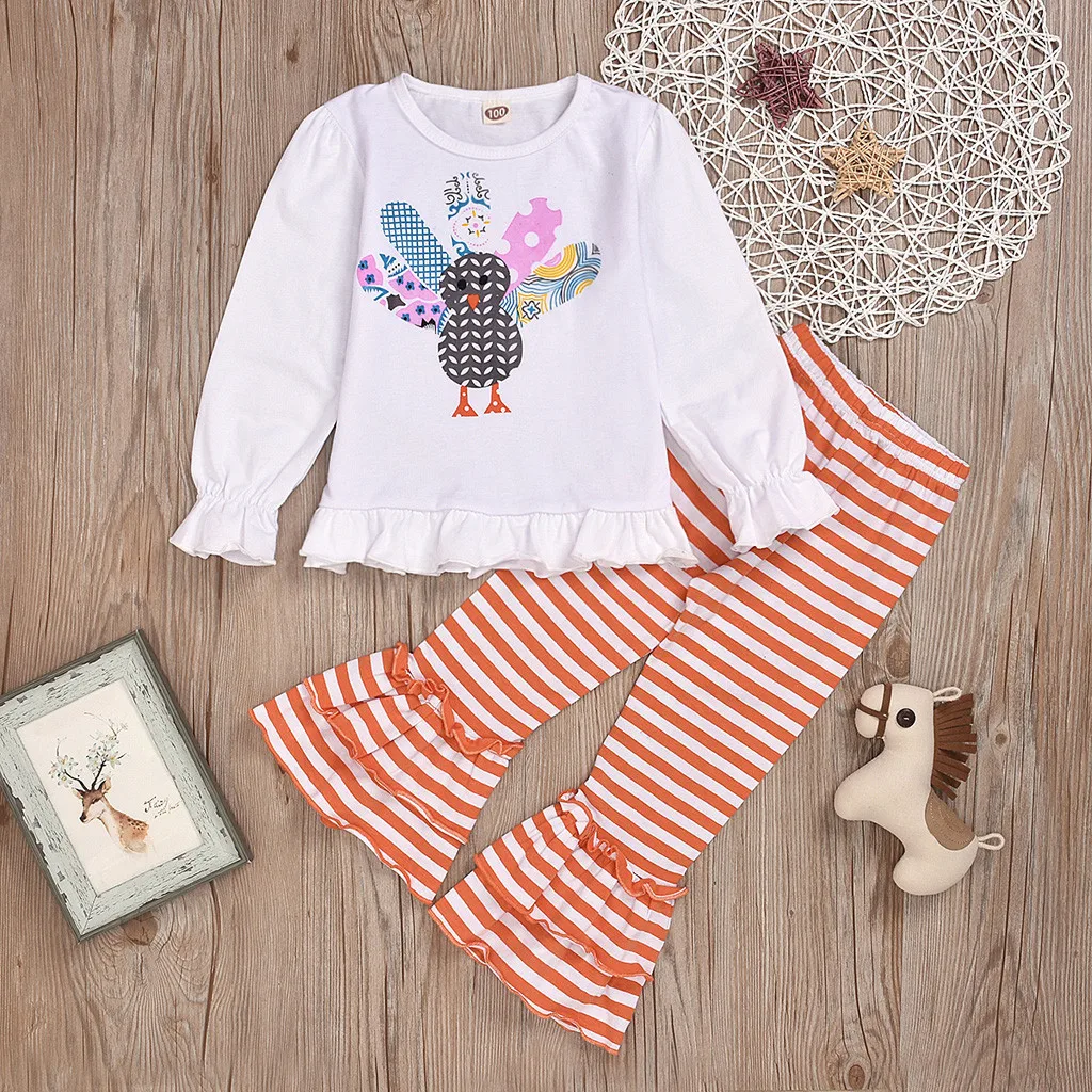 

Kids sets for autumn winter Boys Girls 2Pcs Baby Girls Thanksgiving Turkey Tops+Striped Bell-bottoms Pants Set Y827