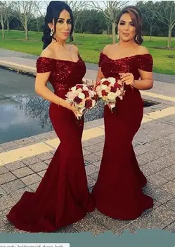 

Burgundy Bridesmaid Dresses Sequins Mermaid Off Shoulder Wedding Guest Dress vestidos de dama de honor Cheap Prom Party Gown
