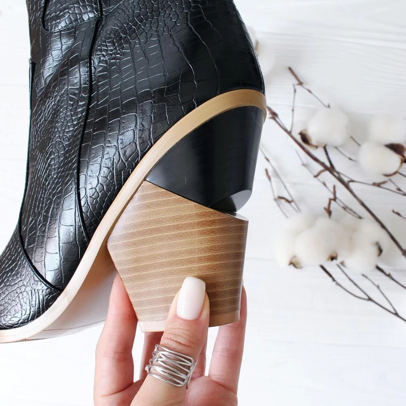 Meotina/Брендовые женские ботинки зимние ботинки до середины икры ковбойские ботинки на высоком каблуке в необычном стиле обувь с острым носком Женская Осенняя обувь, Размеры 33-46