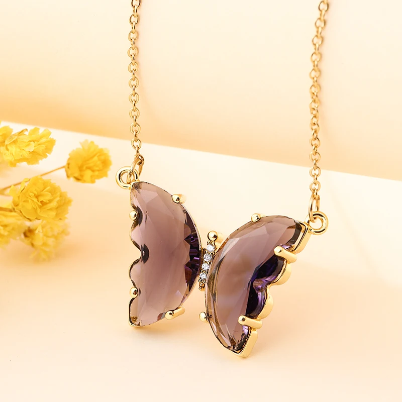 Fashion Stainless Steel Six Colors Crystal Butterfly Pendant Necklace For Women Glamour Female Color Butterfly Necklace Jewelry