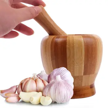 

Garlic Masher Garlic Spice Pepper Grinder Masher Mortar Pestle Bamboo Medicine Pot Bowl Home Kitchen Cooking Tools