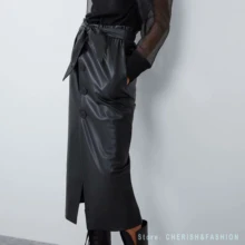 Осень Зима OL элегантные юбки-карандаш миди с высокой талией черные из искусственной кожи Сплит Брендовые юбки с ремнем Женская Новая мода