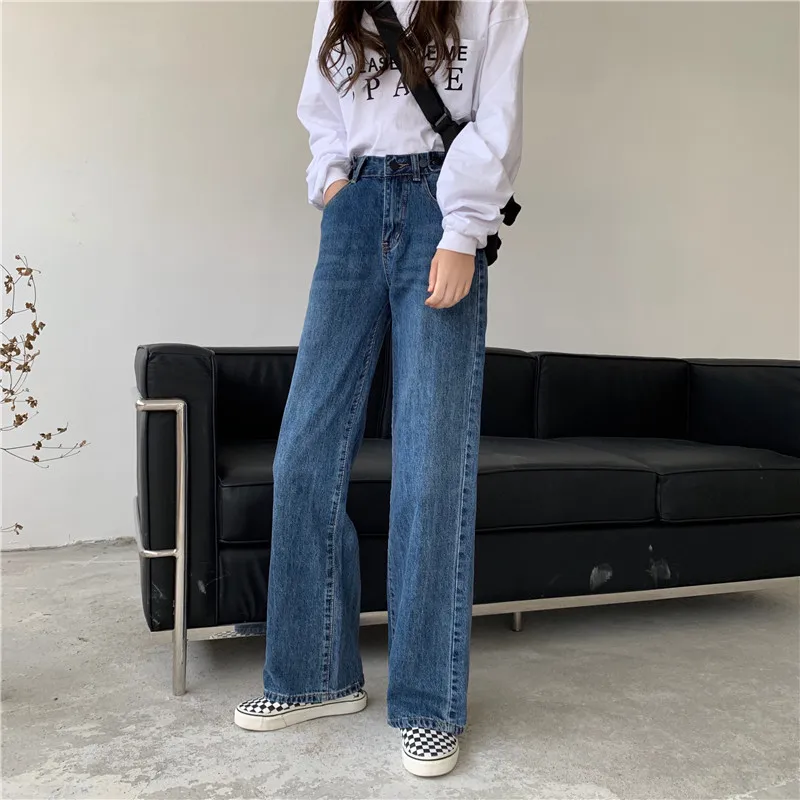 Женские джинсы в уличном стиле, винтажные, с высокой талией, Ulzzang, полная длина, подходят ко всему, свободные женские брюки, простые, для