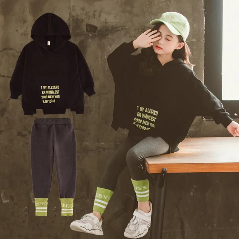 

DFXD Teenage girls Clothing Set 3-12Years 2PC Sports Suit Children Outfits Casual Trregular Hooded Top Legging Spring Clothes