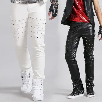 

New male singer personality stage rivet leather pants European and American rock dj motorcycle leather pants costumes clothing