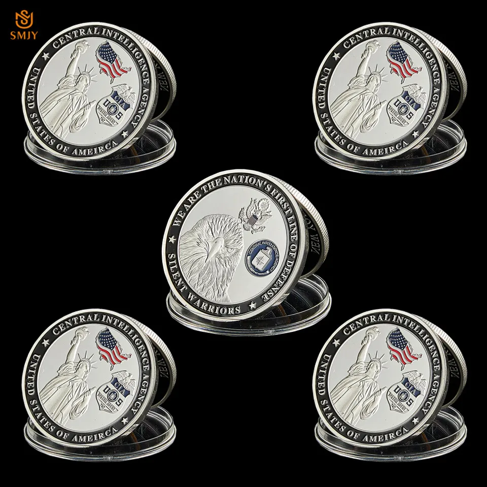 

5Pcs USA CIA Silent Warriors Silver Plated Challenge Coin US Statue of Liberty Eagle Souvenirs Coins And Gifts