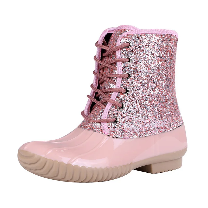 Women's Boots Lady Duck Boot With Waterproof Zipper Rubber Sole Women Rain Boots Lace Up Shoes Fur Winter Women Shoes - Цвет: Pink