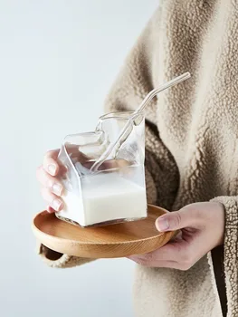 

INS Wind Square Milk Carton Glass Transparent Borosilicate High Temperature Resistant Glasses Household Breakfast Cup Coffee Mug