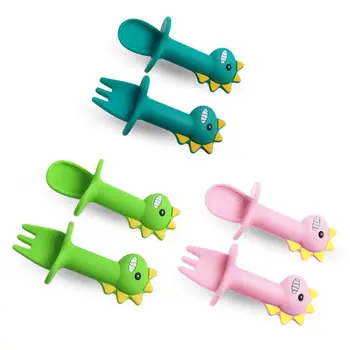 

Baby Training Fork Spoon Set Silicone Baby Feeding Tableware Newborn Teether A2UB