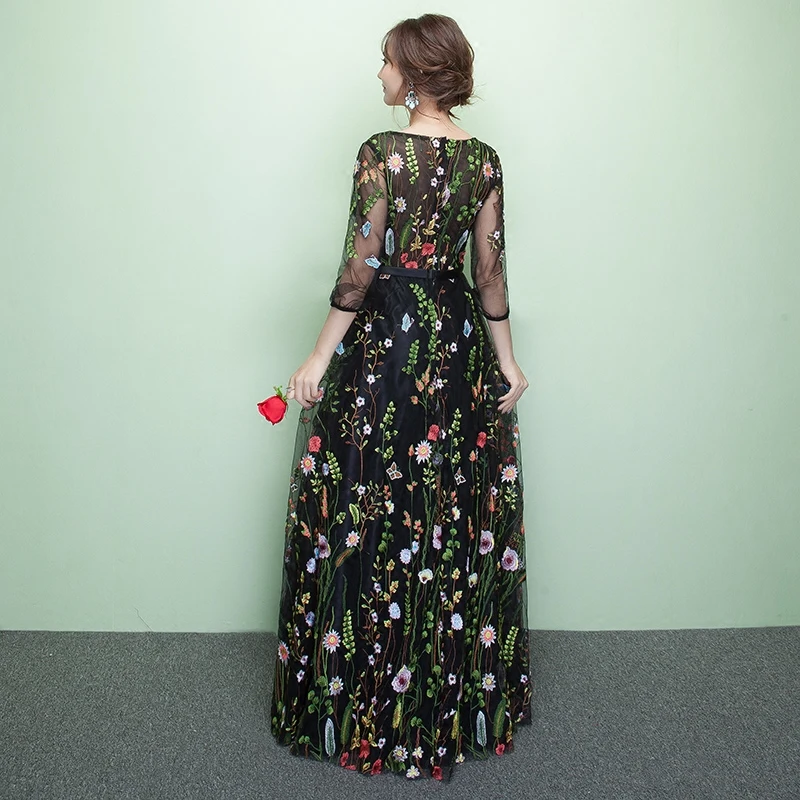 Женское Изысканное вечернее Сетчатое платье Qipao, свадебное сексуальное платье с круглым воротником, китайское платье с аппликацией, Vestidos