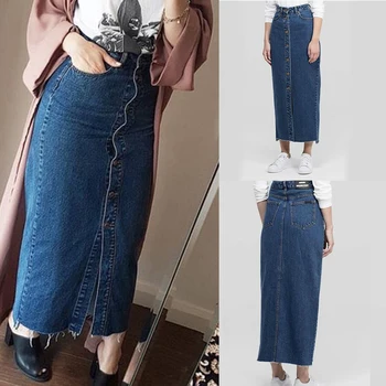 

Women Casual Style Denim Skirt Blue High Waist Ankle Length Straight Skirts Front Button Closure