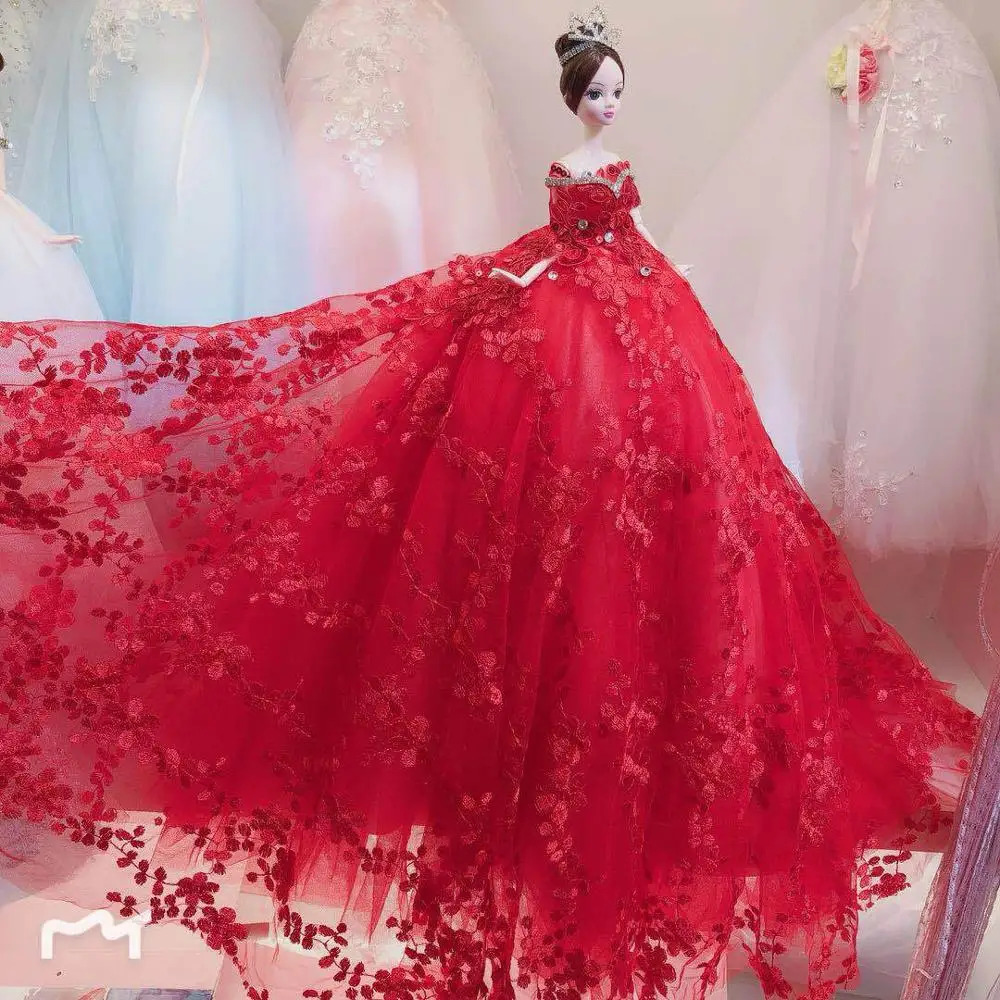Red Large Doll High Quality Luxury Long Tail Soft Handmade Wedding Dress Lace Princess Girl Child Present Girl's Gift