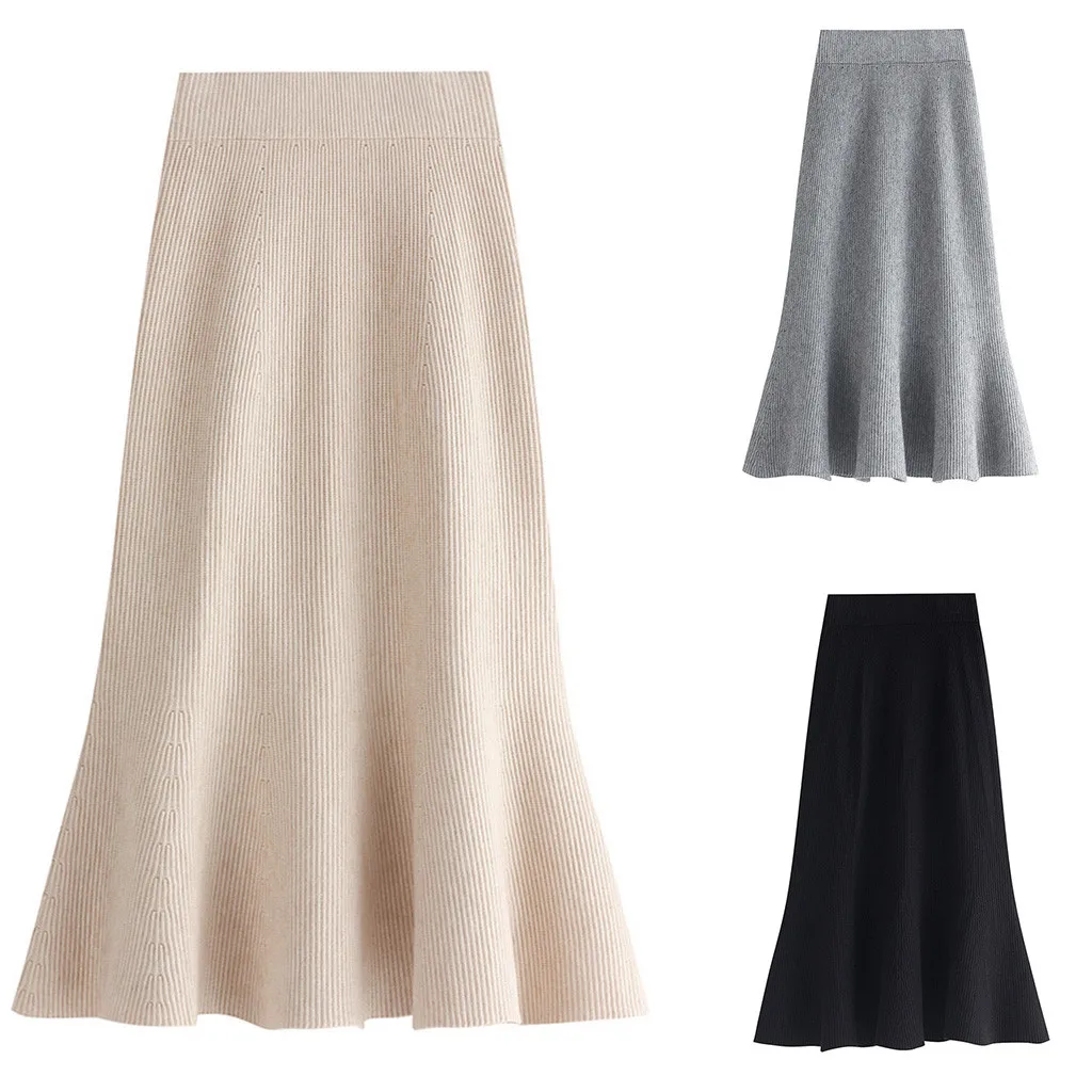 Bzoosio, новая мода, женские юбки, простая, высокая талия, Вязанная, бедра, плиссированная, длинная юбка, зимняя, тонкая, талия, повседневная, однотонная, утолщенная, юбка F1