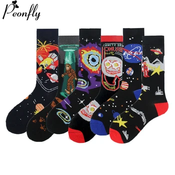 

PEONFLY New 2020 Autumn Winter Men's Cotton Socks Creative Universe Planet Art Socks Happy Funny Harajuku Skateboard Socks Men