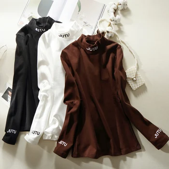 

2020 New Style Lettered Half-Turtle-Neck Base Shirt Retro Hong Kong Style Underwear Long-sleeved T-shirt Women's 7901