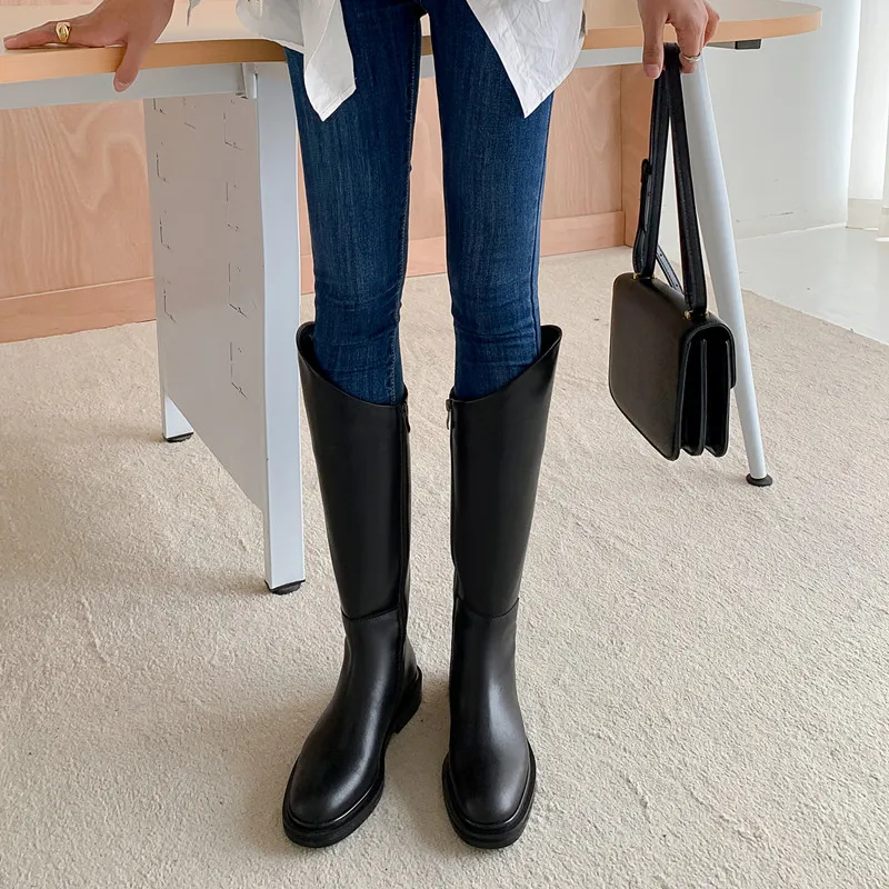 

MKKHOU Fashion Knee Boots Women's New Simple Genuine Leather Oblique High Boots Ladies All-match Knight Boots