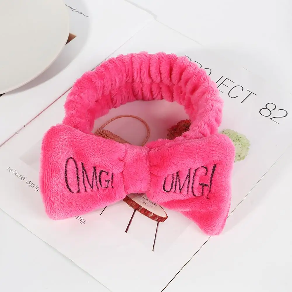 Fuchsia Новая мода смешанные цвета OMG буквы коралловый флис мыть лицо ободок с бантиком для женщин девочек эластичные повязки на голову аксессуары для волос в виде тюрбана - Цвет: Fuchsia
