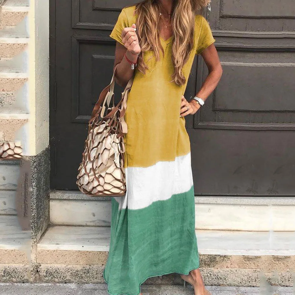 

Vintage Contrast Color T shirt Dress Summer 2020 Sexy Casual V Neck Boho Beach Dress Loose Short Sleeve Long Dress Vestido Femme