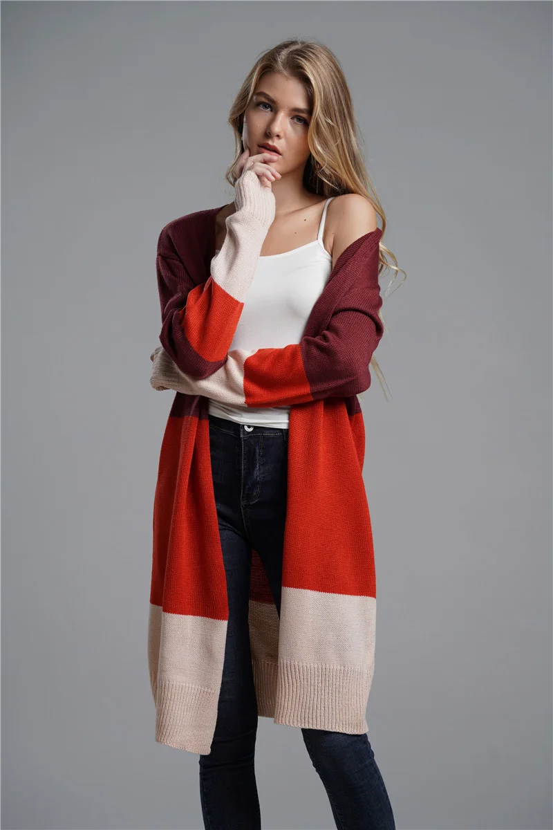 Fitshinling Block, длинный кардиган в стиле пэчворк, зимнее пальто,, Boho, тонкая женская трикотажная куртка, длинный рукав, открытая стежка, кардиганы