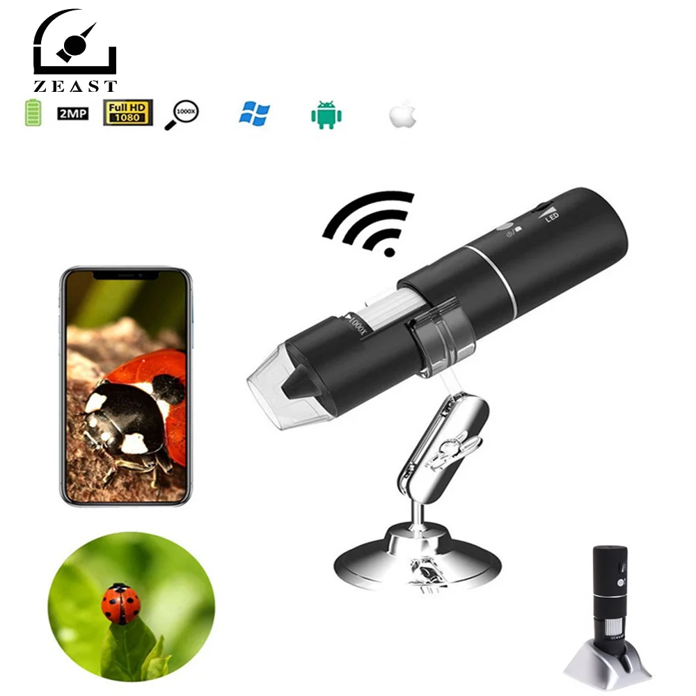  2MP Full HD 1080P WIFI USB Digital 1000x microscopio lupa cámara para ios Android batería de litio 