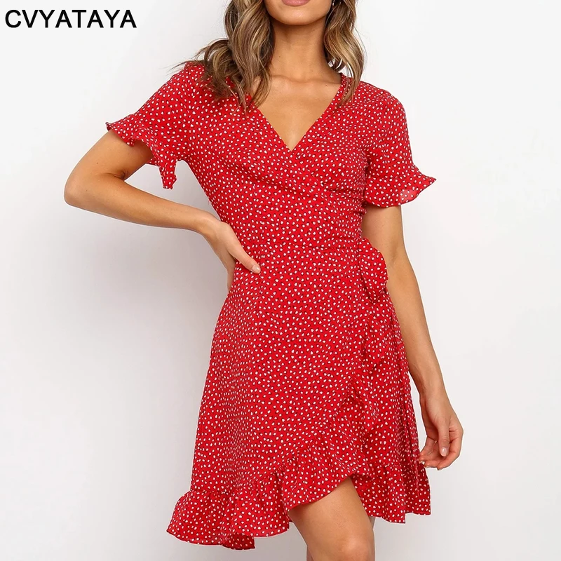 Red Sexy V Neck Floral Print Self Tie Wrap Dress Mini Dress Women Boho Ruffle Hem Flare Sleeve Summer Mini Dresses Vestidos