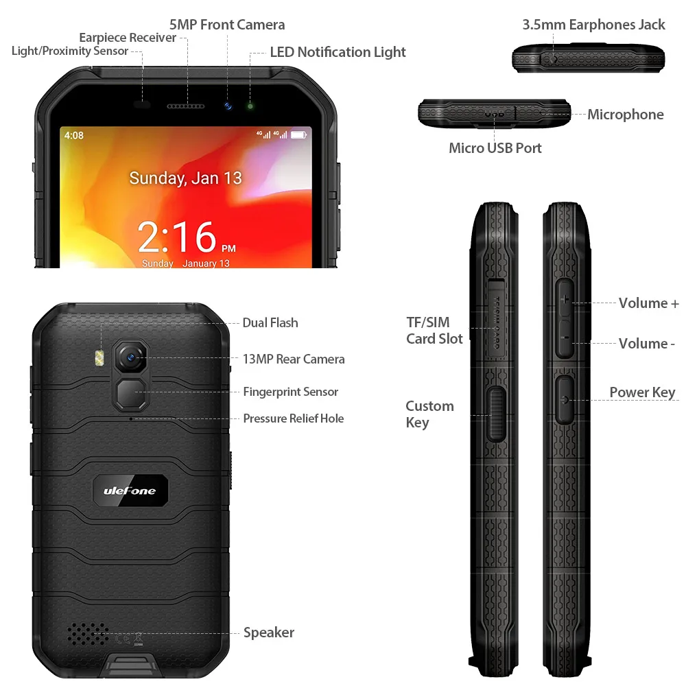 Ulefone Armor X7 смартфон с 5 дюймовым дисплеем четырёхъядерным процессором NFC ОЗУ 2 Гб