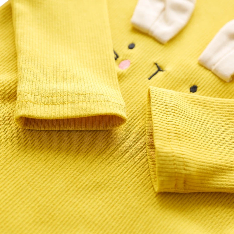 Children Baby Girl Clothing Round Neck Cute Rabbit Decoration Solid Color Long Sleeve Cotton Bottoming Casual Spring Autumn Tops