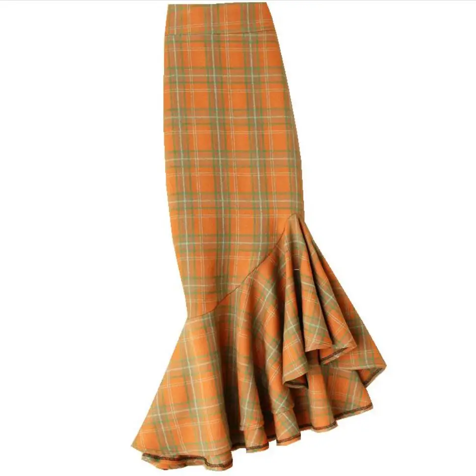 orange plaid Винтажная клетчатая юбка русалки, Женская юбка с высокой талией, весна-осень, облегающая до колен, юбка-труба размера плюс - Цвет: orange plaid