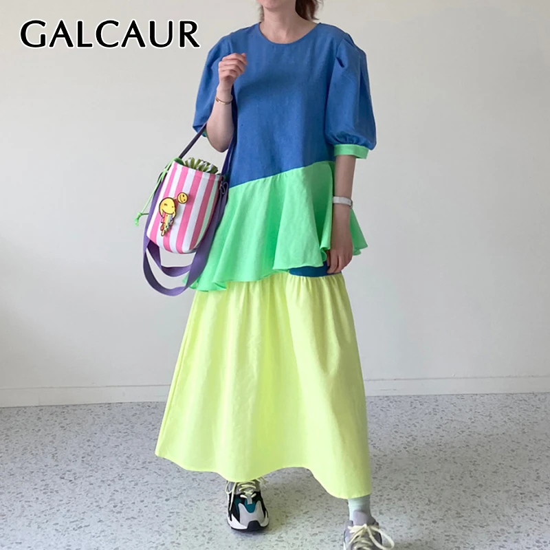 Женское Лоскутные Платья-макси с рюшами GALCAUR корейский стиль хит разноцветное