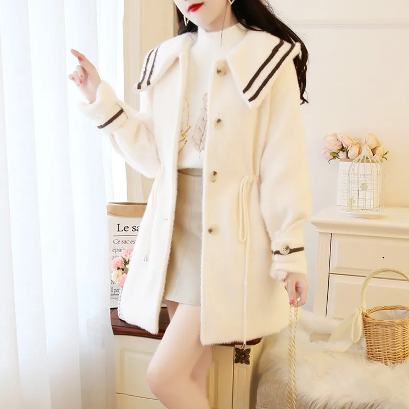 Осень-зима, Высококачественная норковая шуба для женщин, хит цвета, милый кукольный воротник, шерстяная верхняя одежда, модная женская верхняя одежда