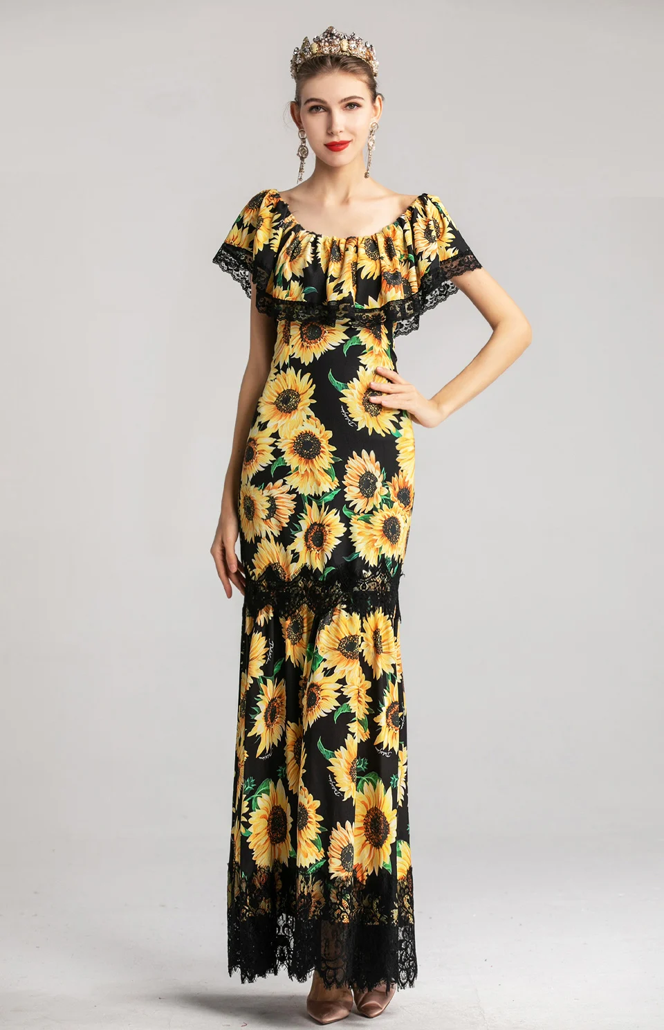 Lady Milan Women's Runway Designer Dresses Scoop Neckline Ruffles Floral Printed Lace Trim Patchwork Fashion Casual Long Dress