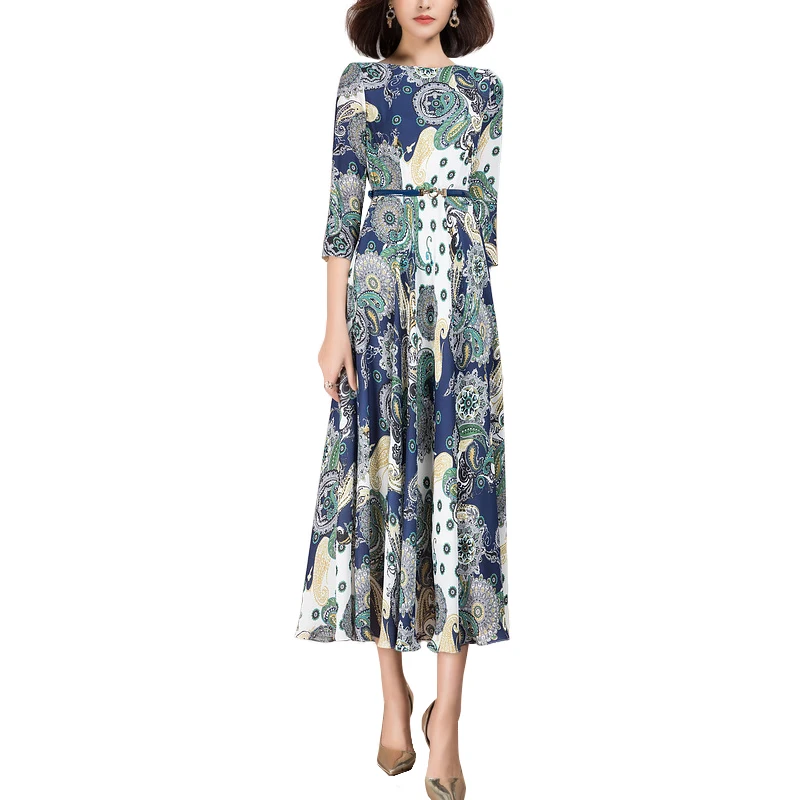 2021 primavera nova moda três quartos manga floral estampado vestido longo para mulher