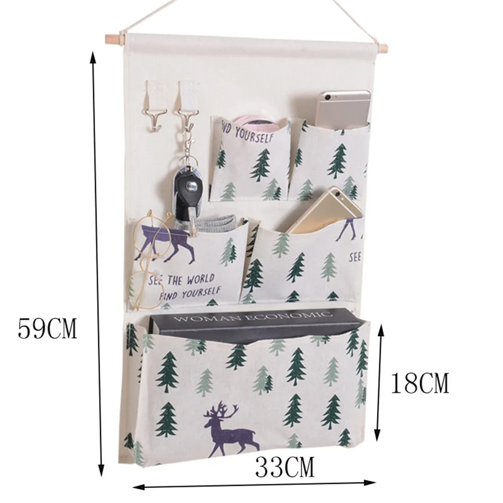 5 Pockets Wall Mounted Bag Waterproof Bedroom Home Storage Hanging Pocket with Hooks Cotton Linen Fabric Sundries Organizer 4