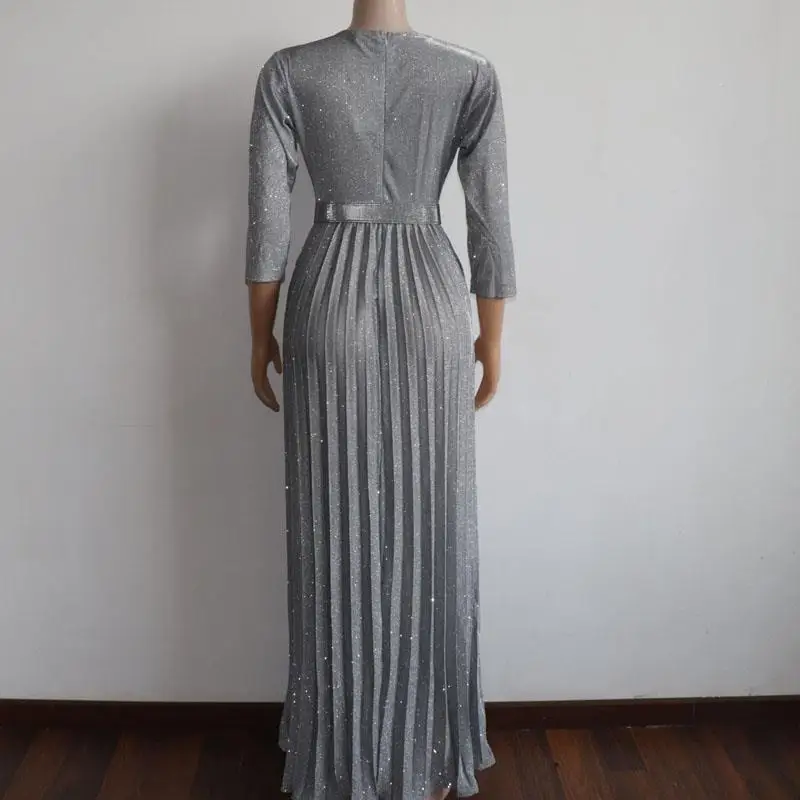 Reflective Women Long Dresses Colorful Bronzing Party Dinner Maxi Dresses Casual Robe Sexy V Neck Pleated Dress
