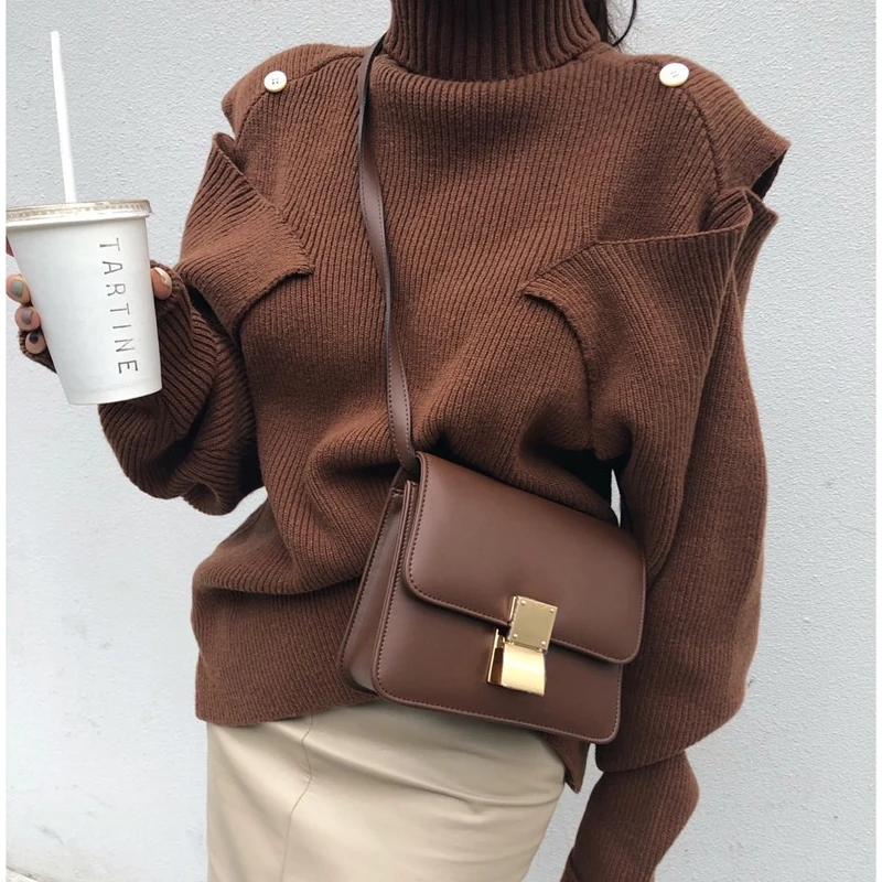 Шикарный весенний дизайнерский короткий свитер с вырезом и открытыми плечами, Женский вязаный свитер с длинным рукавом, сексуальный пуловер, топ, трикотаж - Цвет: Brown