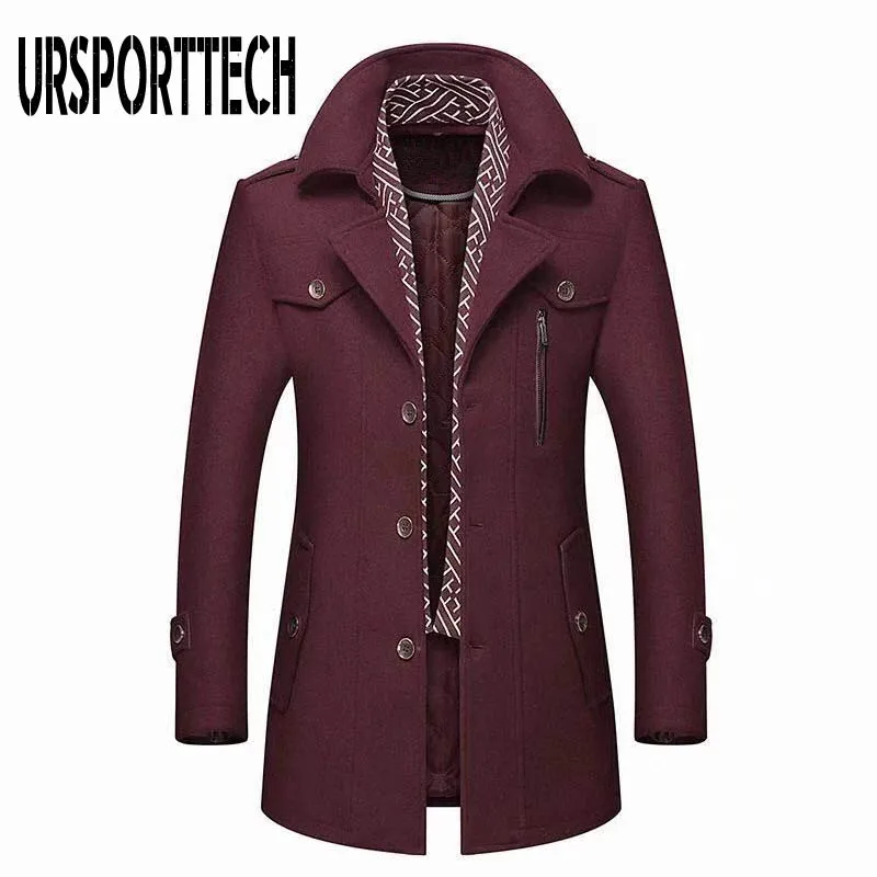 Wine red Зимнее мужское шерстяное пальто, Новое Модное теплое шерстяное пальто средней длины с воротником-шарфом и хлопковой подкладкой, Мужское пальто-Тренч - Цвет: Wine red