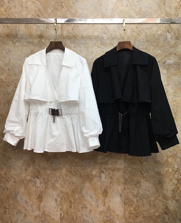 early autumn new style Lapel waist buckle belt elastic, lotus leaf decoration long sleeved and best coat 923