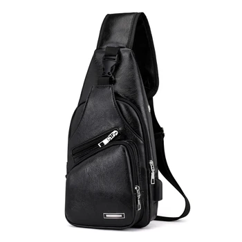 

Mini USB Interface Plenty of Space Mens Casual Bag Fashion Outdoor Sling Bag Travel Day Pack PU Leather Chest Bag Crossbody Bag