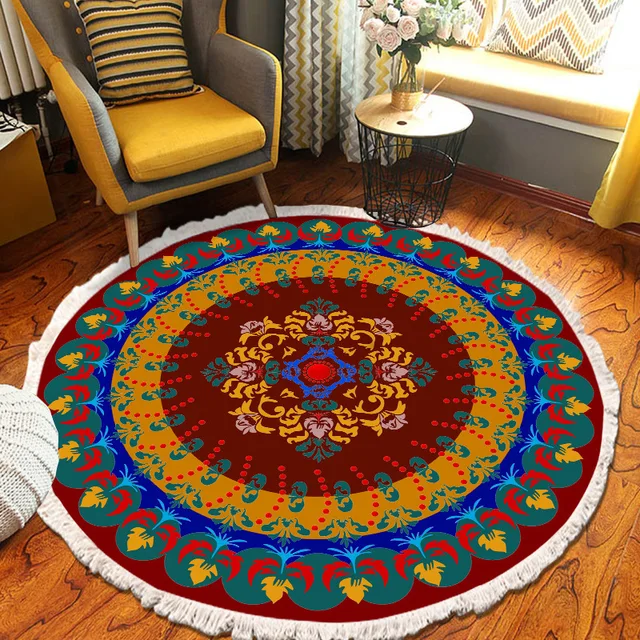 ​Home Decor Retro Bohemian Round Carpet Hand Woven Cotton Linen Carpet Rug Bedside Rug Geometric Floor Mat Living Room Carpet N