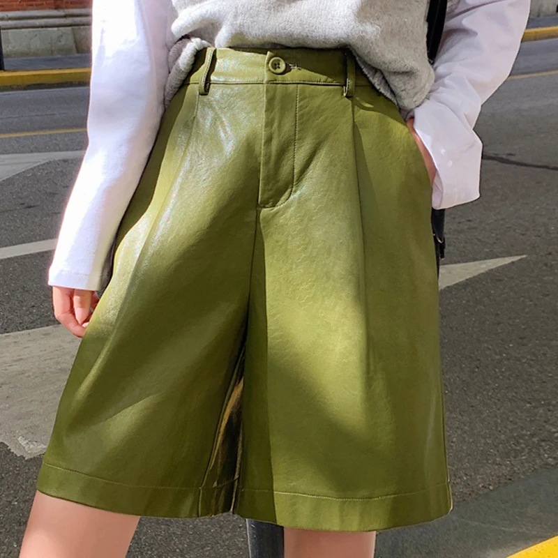 

Fashion PU Leather Shorts Women's Pants Autumn Winter New 2019 High-waisted Loose Five-part Leather Pants Faux Leather 990B6