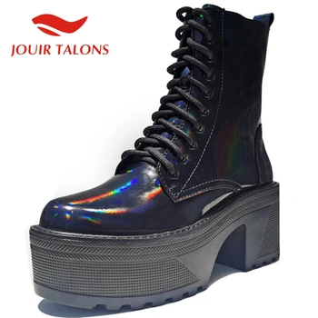 

JOUIR TALONS Brand New Design Fashion shoes women Cow Leather Round Toe Cross-tied Thick High Heels Genuine Leather Ankel Boots