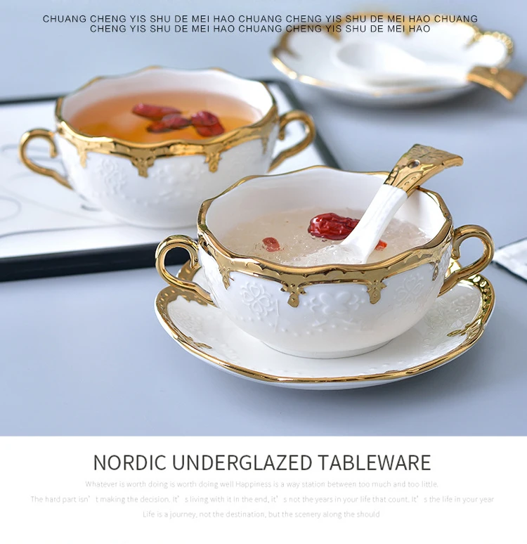 FANTERCY Tableware Creative Ceramic Bird's Nest Hotel Double Ear Soup Stewed Dessert Bowl Tray Flower Shaped Porcelain Bowls