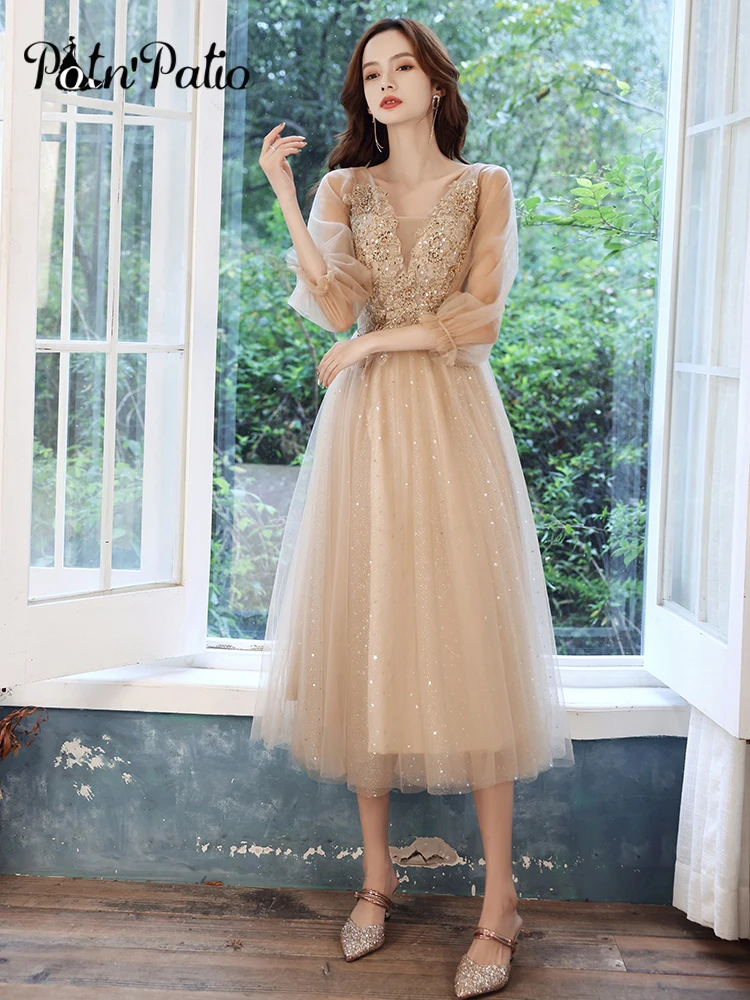 Champagne Tea-length Midi Engagement Dresses 2021 Elegant V-neck A-line  Fancy Tulle Midi Women Evening Dresses With Long Sleeves - Evening Dresses  - AliExpress