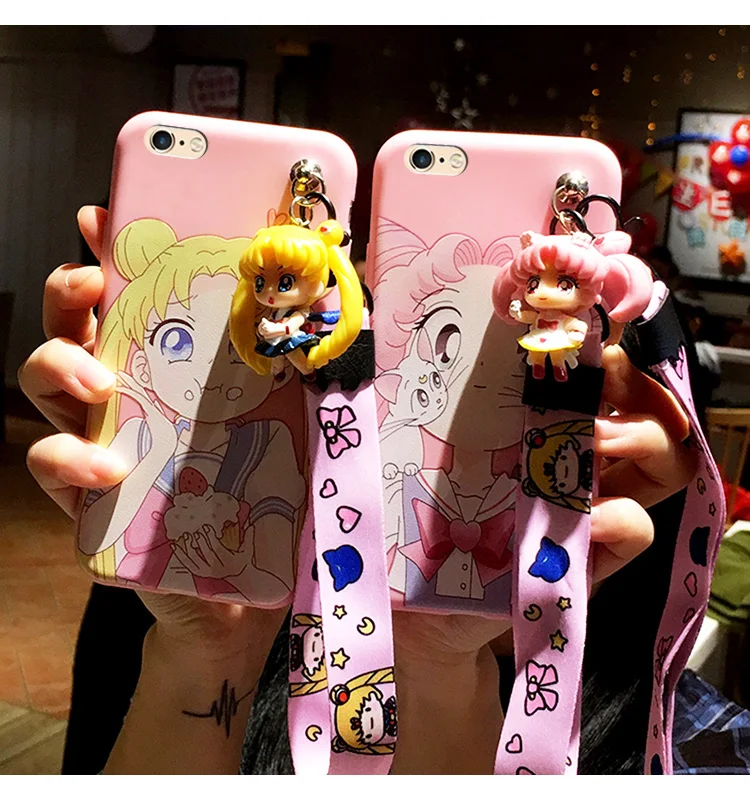 

For iphone Xsmax Cute 3D Sailor Moon phone case For iphone 8plus 6splus Cartoon girl back cover for iphone XR 7 plus long strap