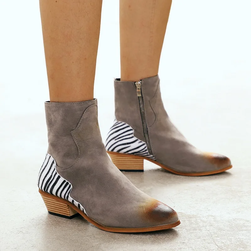 

Zebra Boots Women Winter Boots Flock Ankle Boots Flat Square Heel Pointed Toe Boots Zebra Women Ankle Boots Zip Sexy Lady Boots