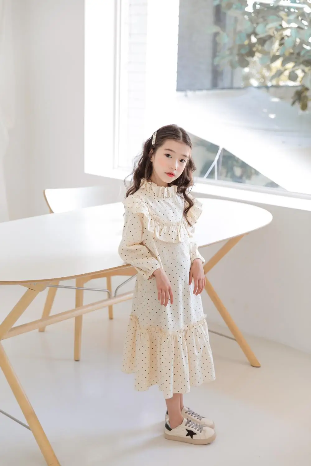 Г. Корейский стиль, платье в горошек с оборками для девочек Осенняя хлопковая одежда для маленьких девочек платья для девочек детская одежда от 5 до 10 лет